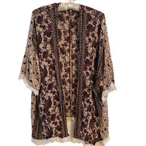 Kori Burgundy and Cream Floral Bohemian Cardigan Size S